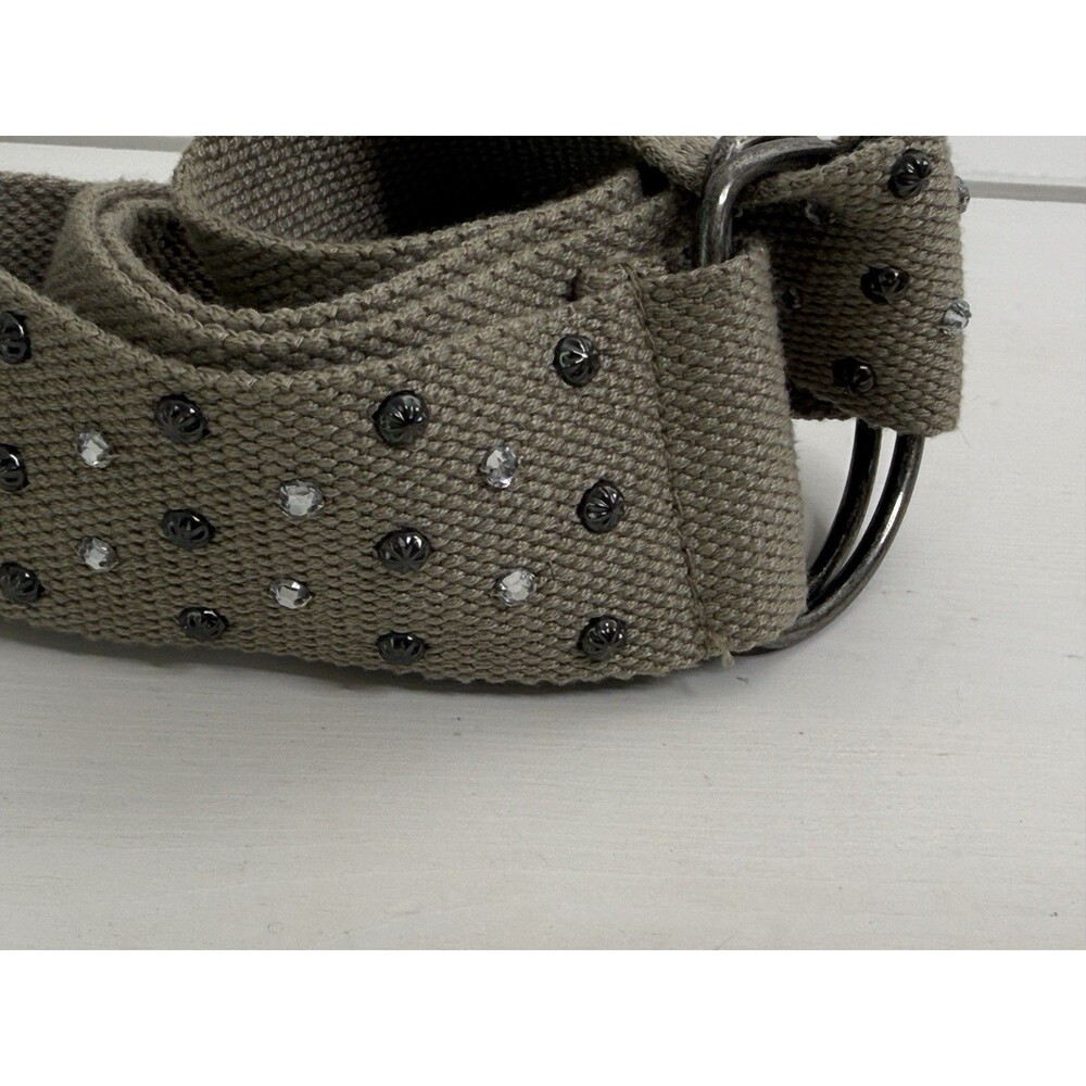 Boho Cotton Canvas Studded Belt Beige Rhinestone Silver Buckle Festival Belt